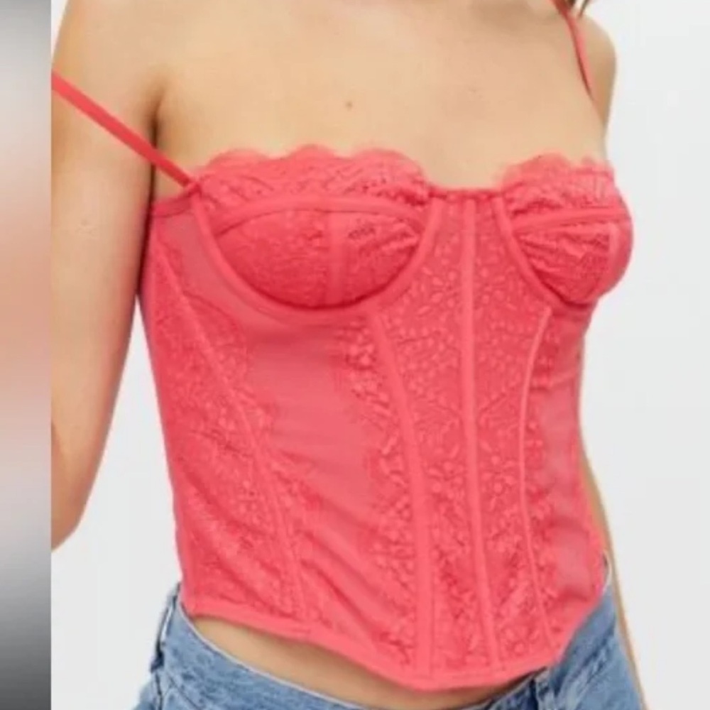 Out From Under Lace Corset Top Coral Pink Boned Strappy Bustier Women's